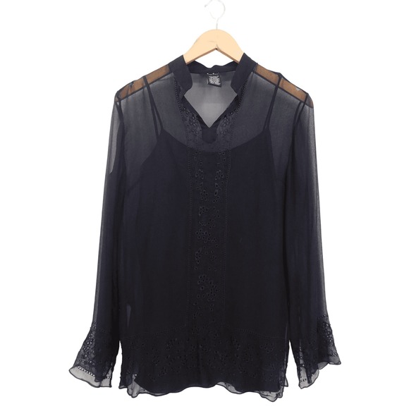 ECI New York VTG Silk Embroidered Sheer Blouse Long Sleeve Womens Size 4 - Picture 1 of 5